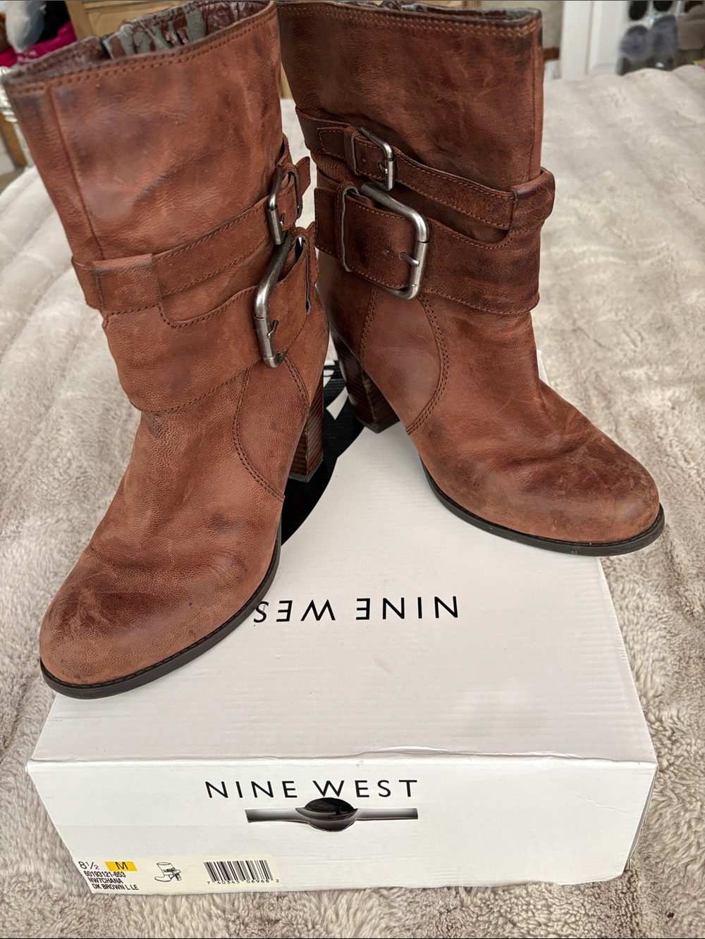 Nine West Brown Leather Buckle Mid-Calf Distressed Heeled Boots